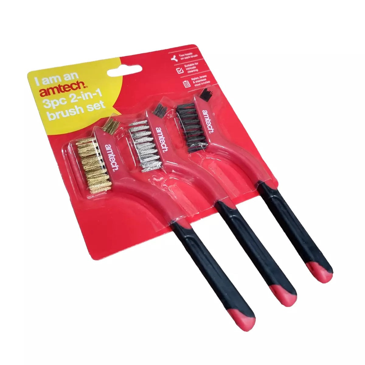 Amtech 2 in 1 Intricate Cleaning Brush Set Assorted Pack of 3 S3535 | Suitable for Cleaning Jobs-Removal of Flaking Paint-Rust and Dirt | Comfortable Soft-Grip Handles