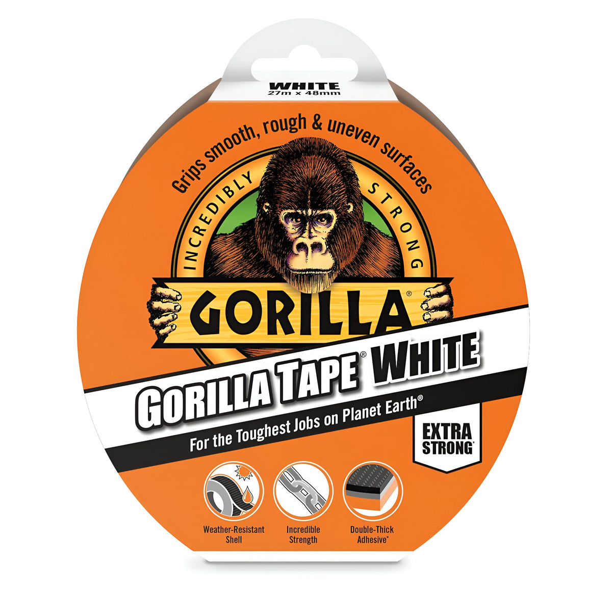 Gorilla Double Thick Adhesive Tape White Large W48mm x L27Mtr 3044601 | Incredibly Strong | Superior UV Resistance | Grips Smooth - Rough and Uneven Surfaces | Weather Resistant Shell | Incredible Strength | Extra Strong
