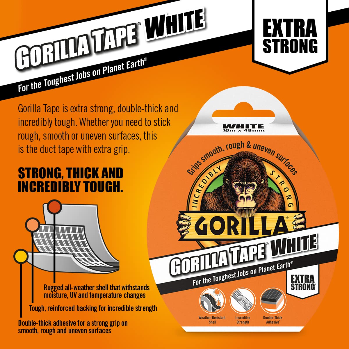 Gorilla Double Thick Adhesive Tape White Large W48mm x L27Mtr 3044601 | Incredibly Strong | Superior UV Resistance | Grips Smooth - Rough and Uneven Surfaces | Weather Resistant Shell | Incredible Strength | Extra Strong