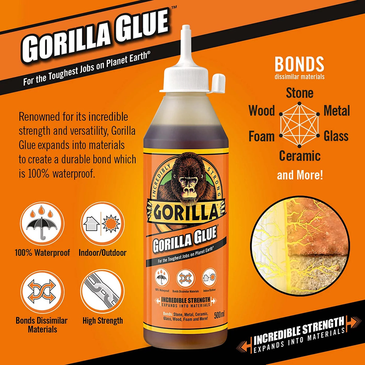 Gorilla Multi-surface Adhesive Glue Brown 500ml 1044181 | Incredibly Strong and Fast Bond | Waterproof | For Wood-Metal-Stone and More | For Indoor-Outdoor Use | Bonds Dissimilar Materials