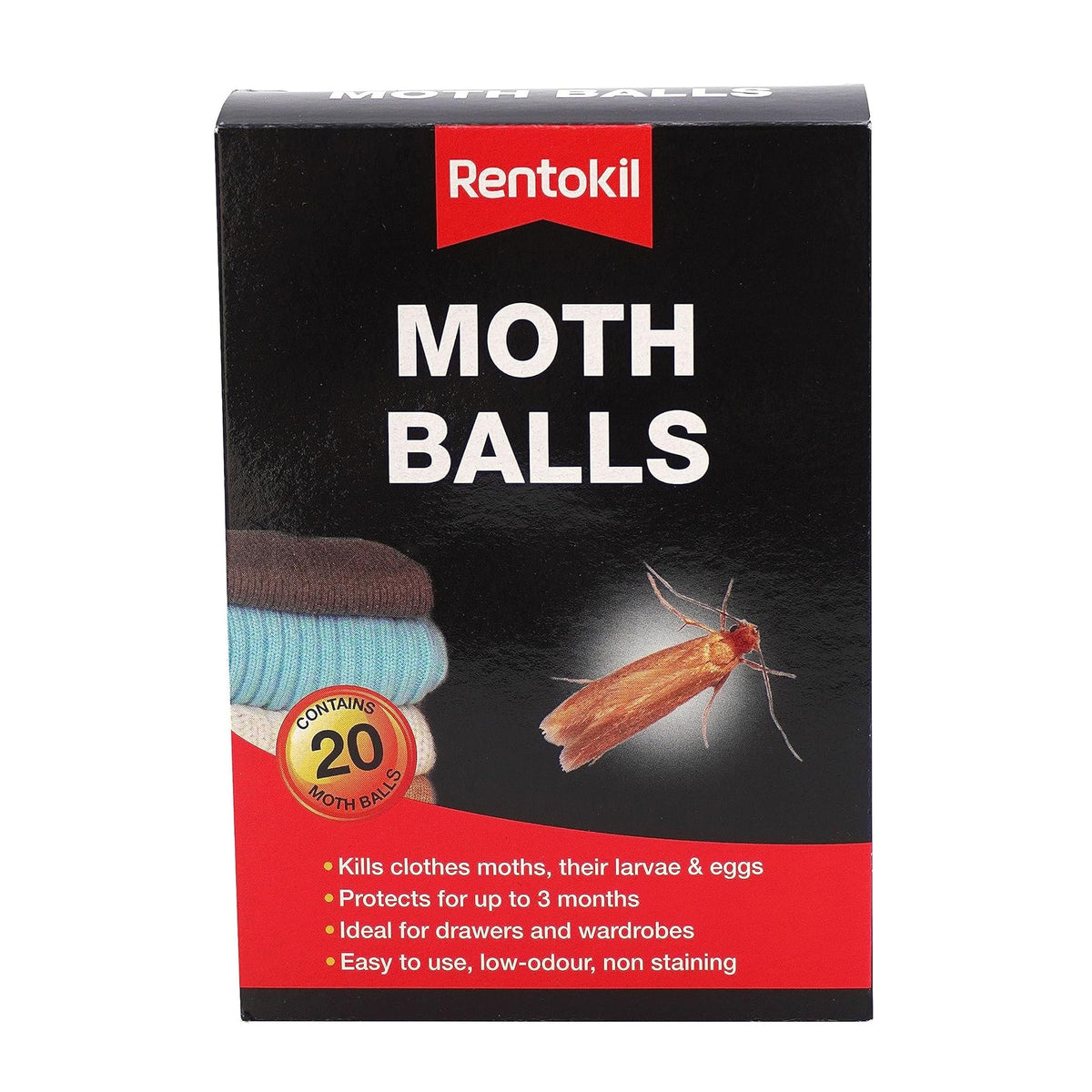 Rentokil Moth Balls White Pack of 20 RKLPSM97 | Kills Clothes Moths-Larvae and Eggs | Protects for Up to 3 Months | Ideal for Drawers and Wardrobes | Long-Term Protection | For Indoor Use