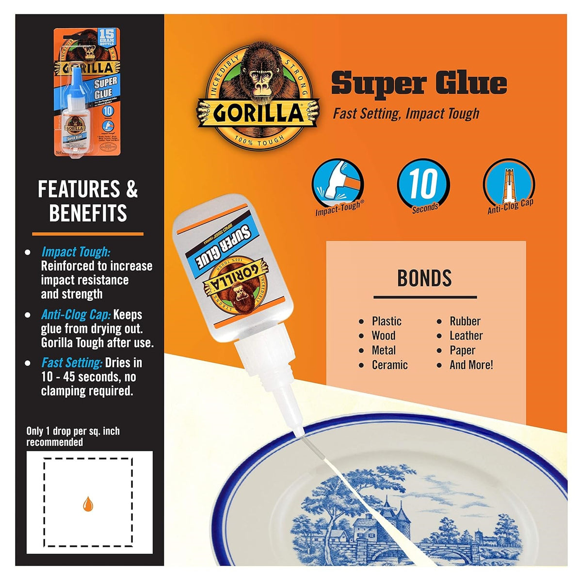Gorilla Superglue White 15g 4044203 | Impact Tough Formula | Set Time 10-45 Second | Anti - Clog Cap | Bonds Metal - Wood - Ceramic - Leather - Paper - Rubber - Plastics and More