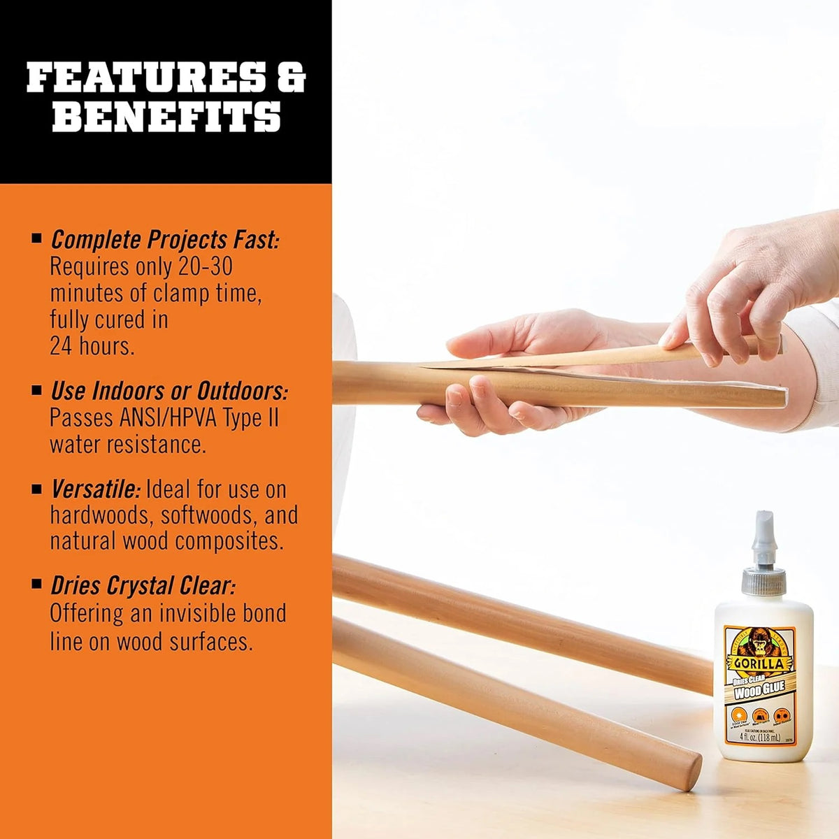 Gorilla Wood Glue White 118ml 5044401 | D3 Water Resistance | Indoor and Outdoor | Anti - Clog Applicator