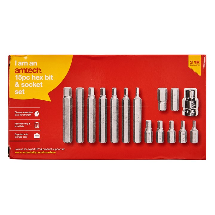 Amtech Hex Bit Set Metallic Silver Pack of 15 I8550 | Chrome Vanadium Steel for Extra Strength | Assorted Long and Short Bits | Supplied with Storage Case