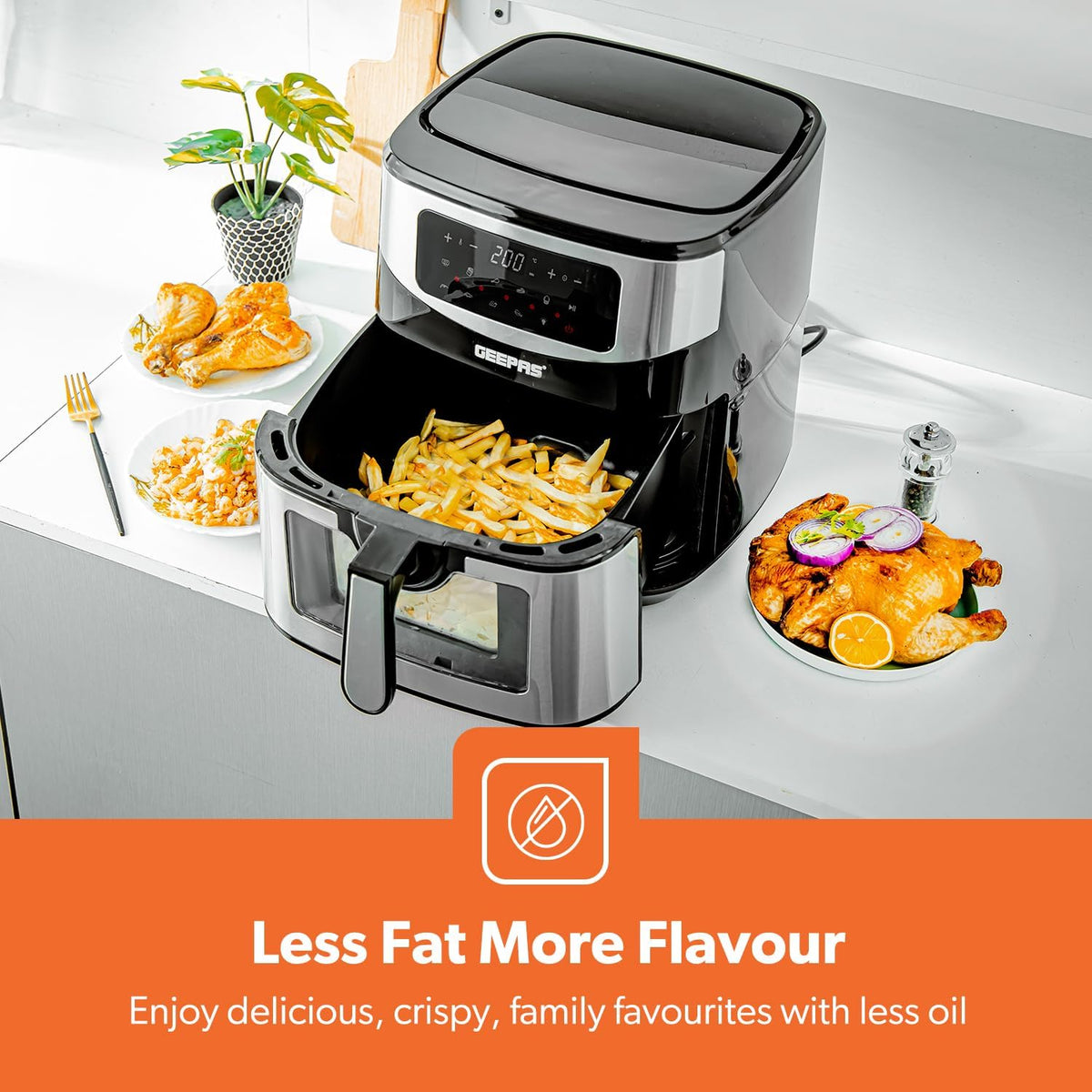 Geepas Digital Air Fryer Black and Grey 9.2Ltr GAF37524UK | Vortex Air Frying Technology | Cooks Fast | Oil Free | 9 Preset Cooking Modes | Touch Screen | Baking | Grilling | Air Frying | Roasting | Upto Less 80% Fat