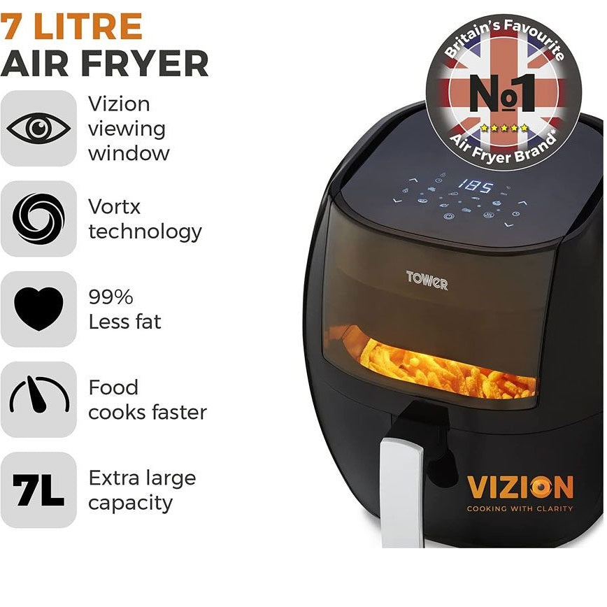 Tower Vortx Vizion Air Fryer 1800W Black 7Ltr T17072 | With Viewing Window-Digital Controls | 4 Cooking Methods | Air Fry-Grilling-Roasting-Baking | 30 Percent Faster Cooking | Non-sleep Feet for Stability | 7 Quick-start Presets