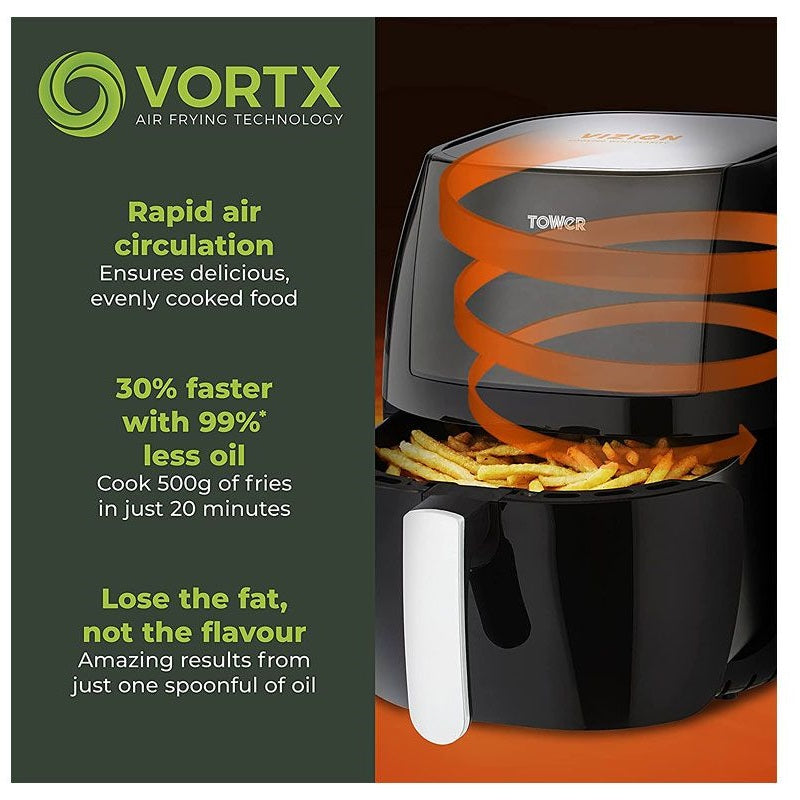 Tower Vortx Vizion Air Fryer 1800W Black 7Ltr T17072 | With Viewing Window-Digital Controls | 4 Cooking Methods | Air Fry-Grilling-Roasting-Baking | 30 Percent Faster Cooking | Non-sleep Feet for Stability | 7 Quick-start Presets