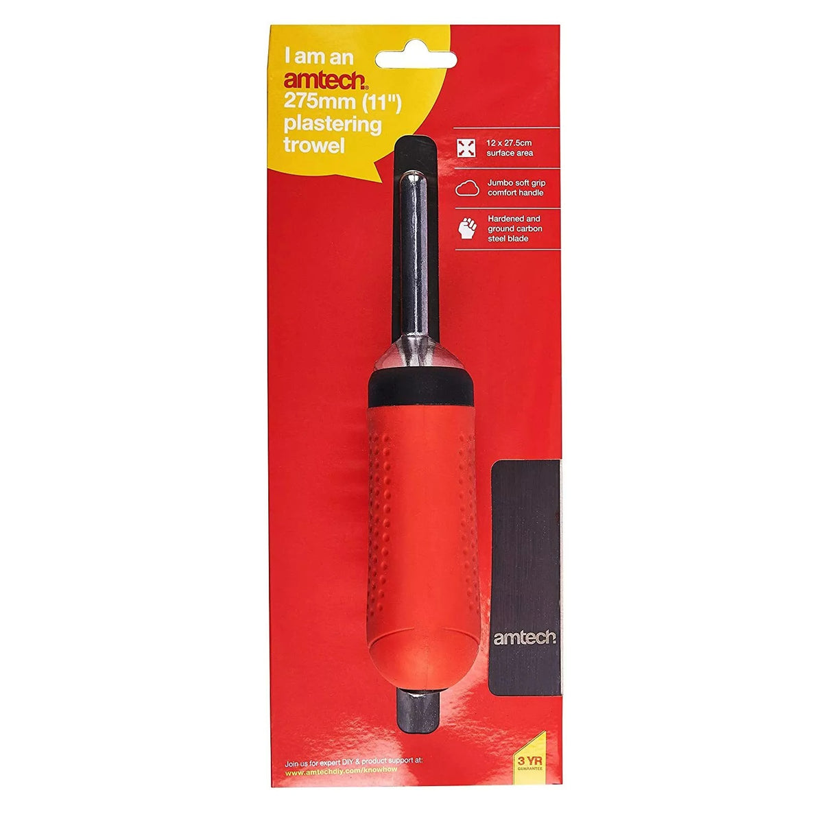 Amtech Plastering Trowel with Soft Grip Handle Red and Silver 11-Inch G1525 | 12cm x 27.5cm Surface Area | Hardened and Ground Carbon Steel Blade