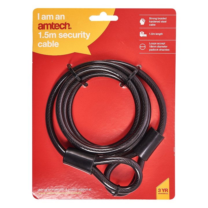 Amtech Heavy Duty Cable Lock Black 1.5Mtr T1690 | Strong Braided Hardened Steel Cable | Loops Accept 18mm Padlock Shackles