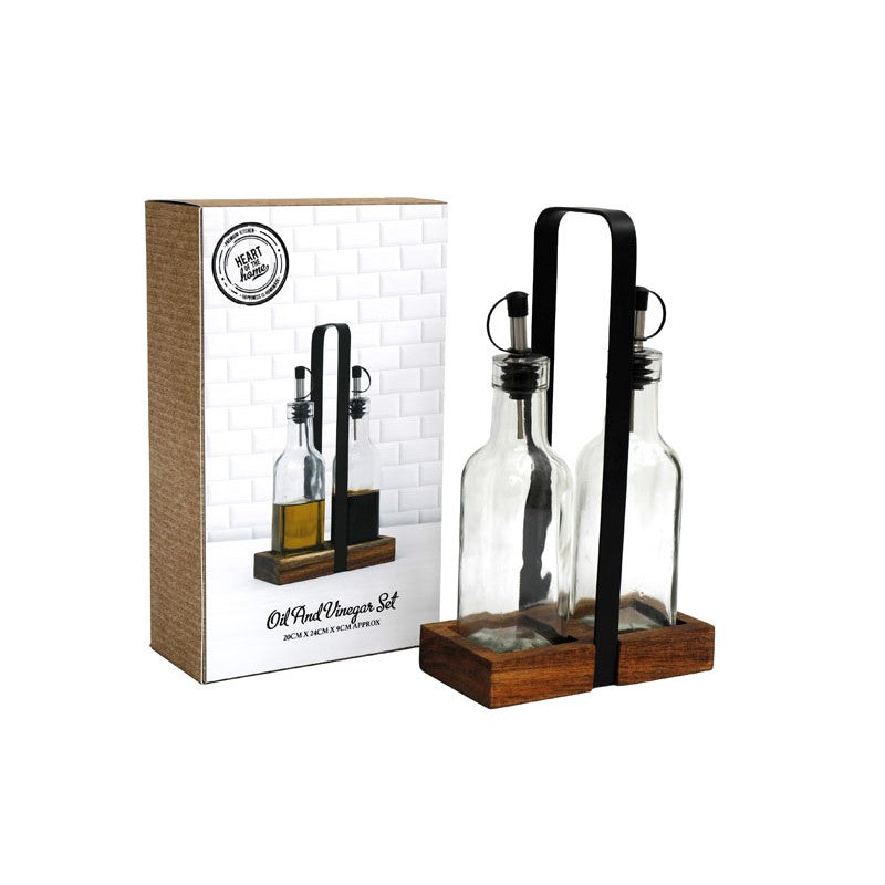 Sifcon Oil and Vinegar Bottles Set in Acacia Holder Clear 20cm x 24cm x 9cm Set of 2 KG3442