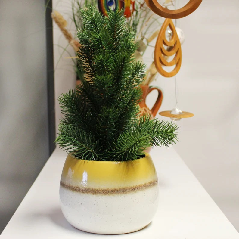 SiL Two-Tone Glazed Ceramic Planter Pot White and Mustard Yellow 17cm x 12cm AB0045 | Indoor Plant Pot for Home and Office Decor