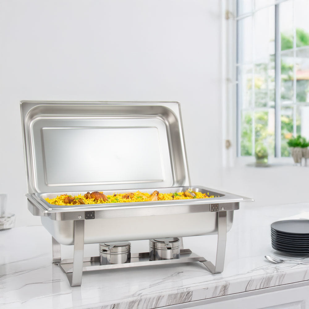 SQ Professional Banquet Single Compartment Chafing Dish Chrome 600mm x 350mm x 320mm 9.5Ltr 1465 | High Quality Stainless Steel | Ideal for Buffet Services | Twin Fuel Holders | Easy to Clean | Easy to Transport