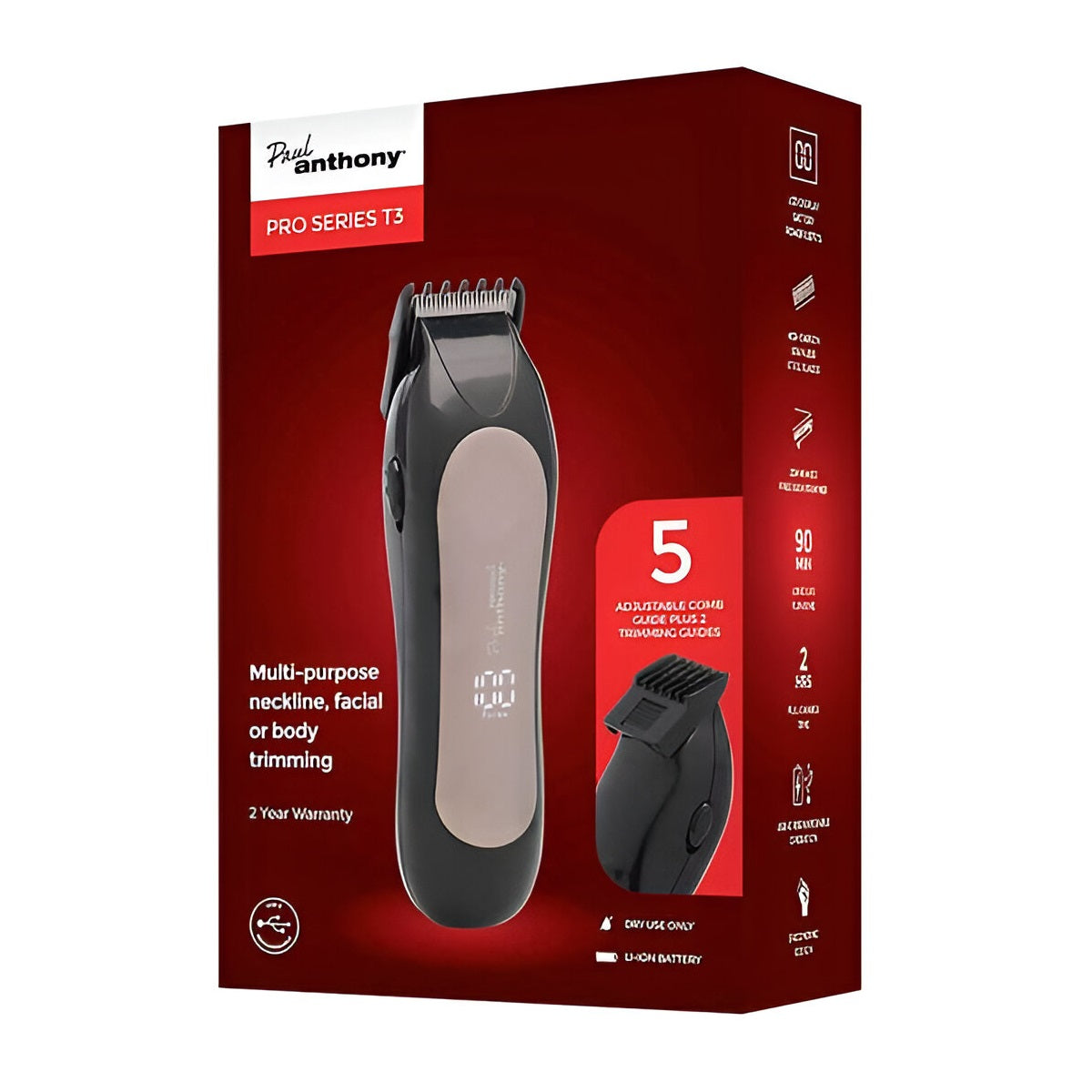 Paul Anthony Pro Series T3 USB Multi-Purpose Trimmer Black H5123L | Neckline - Facial or Body Trimming | 5 Adjustable Comb Guide Plus 2 Trimming Guides | Dry Use Only | Li-Ion Battery | USB - C Rechargeable