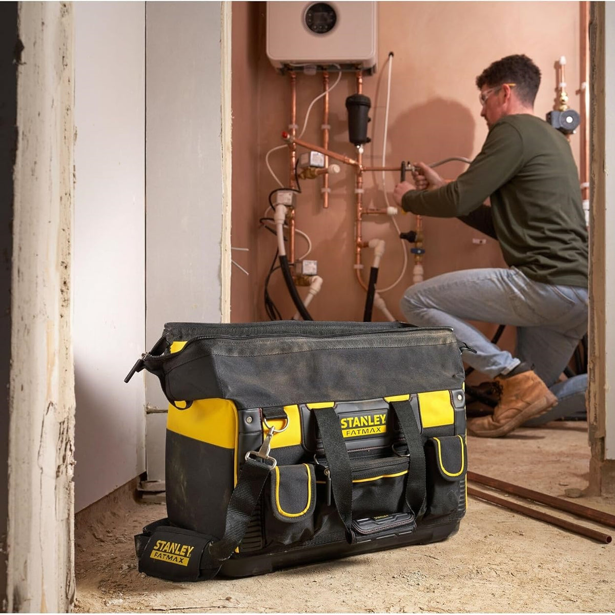 Stanley FatMax Heavy-Duty Open Mouth Rigid Tool Bag Yellow and Black 50cm x 30cm x 29cm FMST1-71180 | Multi-Pocket Storage with Water Proof Base | Tool Organizer for Tradesmen and DIY