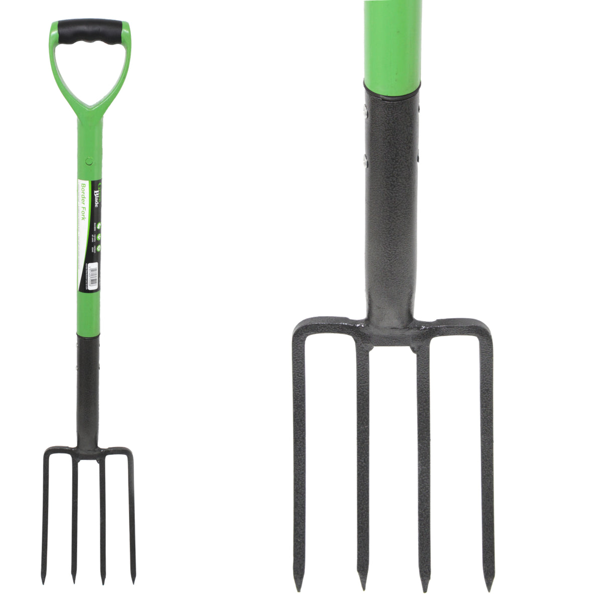 Green Blade Heavy-Duty Carbon Steel Border Fork with Soft Grip Handle Green and Black GF101 | For Digging and Soil Turning | Ideal for Flower Beds and Landscaping | Rust- resistant Finish | Steel Shaft with Plastic Coated Finish