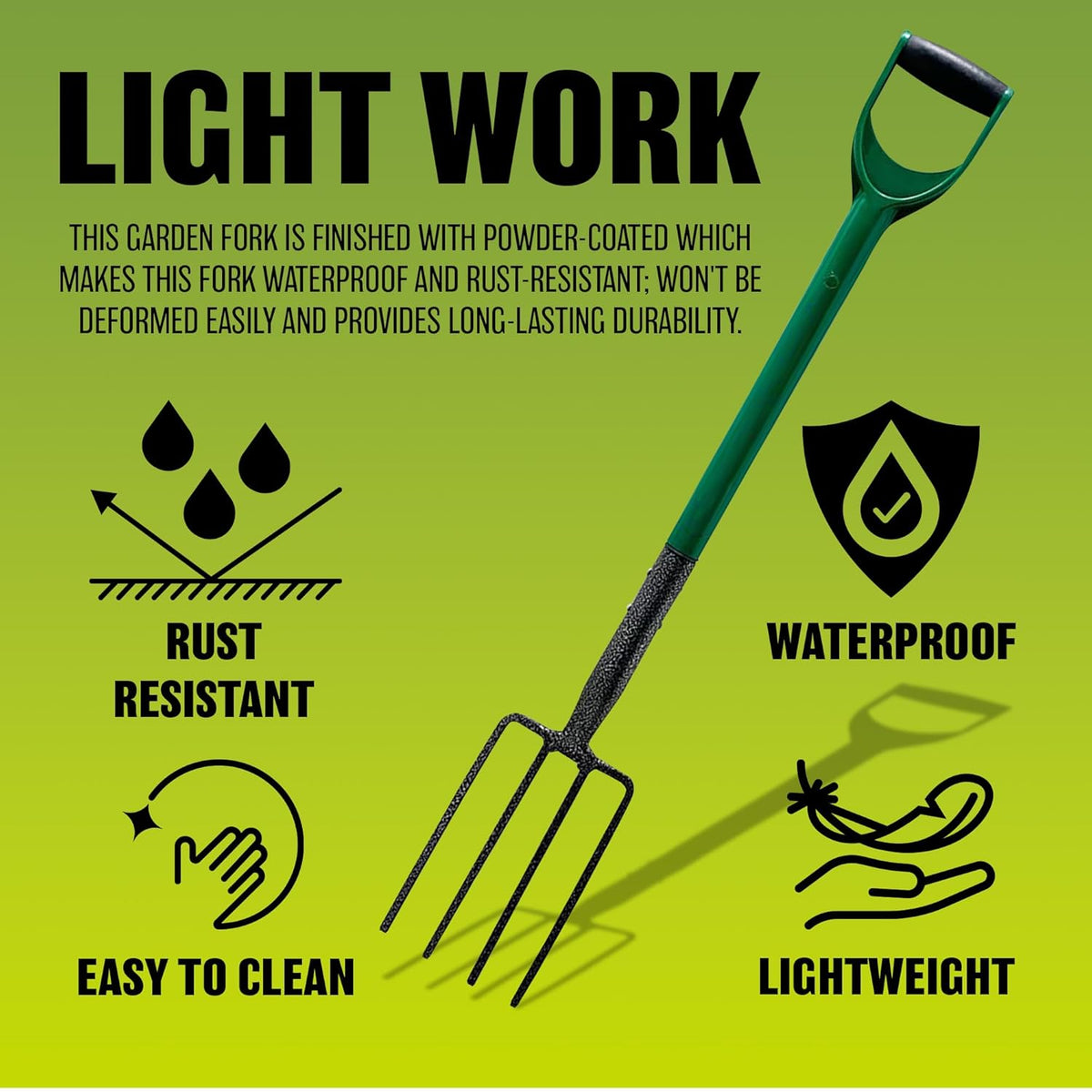 Green Blade Heavy-Duty Carbon Steel Border Fork with Soft Grip Handle Green and Black GF101 | For Digging and Soil Turning | Ideal for Flower Beds and Landscaping | Rust- resistant Finish | Steel Shaft with Plastic Coated Finish