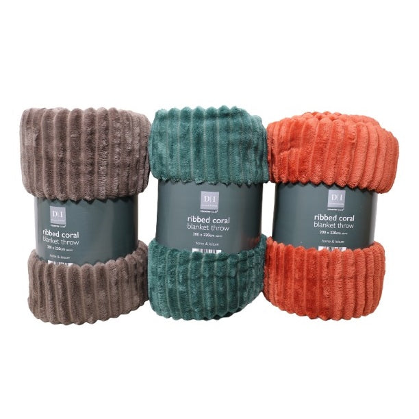 Country Club Designer Interiors Ribbed Coral Blanket Throw Assorted Colours Pack of 1 200cm x 220cm OTL233456 | Home and Leisure Collection | Ultra Soft and Cozy Fleece Throw