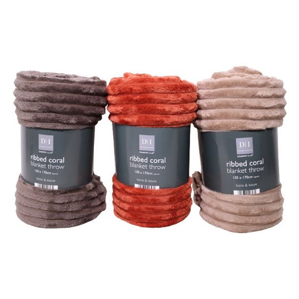Country Club Designer Interiors Ribbed Coral Blanket Throw Assorted Colours Pack of 1 130cm x 170cm OTM226281 | Home and Leisure Collection | Ultra Soft and Cozy Fleece Throw