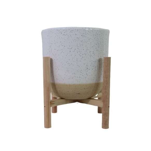 Sil Citronella Scented Candle in Ceramic Pot with Wooden Stand White and Brown 12cm x 12cm OL0165 | Indoor and Outdoor Insect-Repellent Candle | Ideal for Patio-Garden and Home Decor