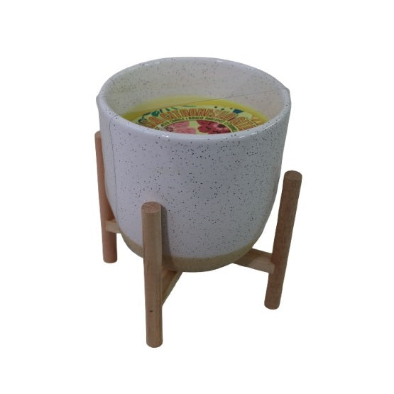 Sil Citronella Scented Candle in Ceramic Pot with Wooden Stand White and Brown 12cm x 12cm OL0165 | Indoor and Outdoor Insect-Repellent Candle | Ideal for Patio-Garden and Home Decor