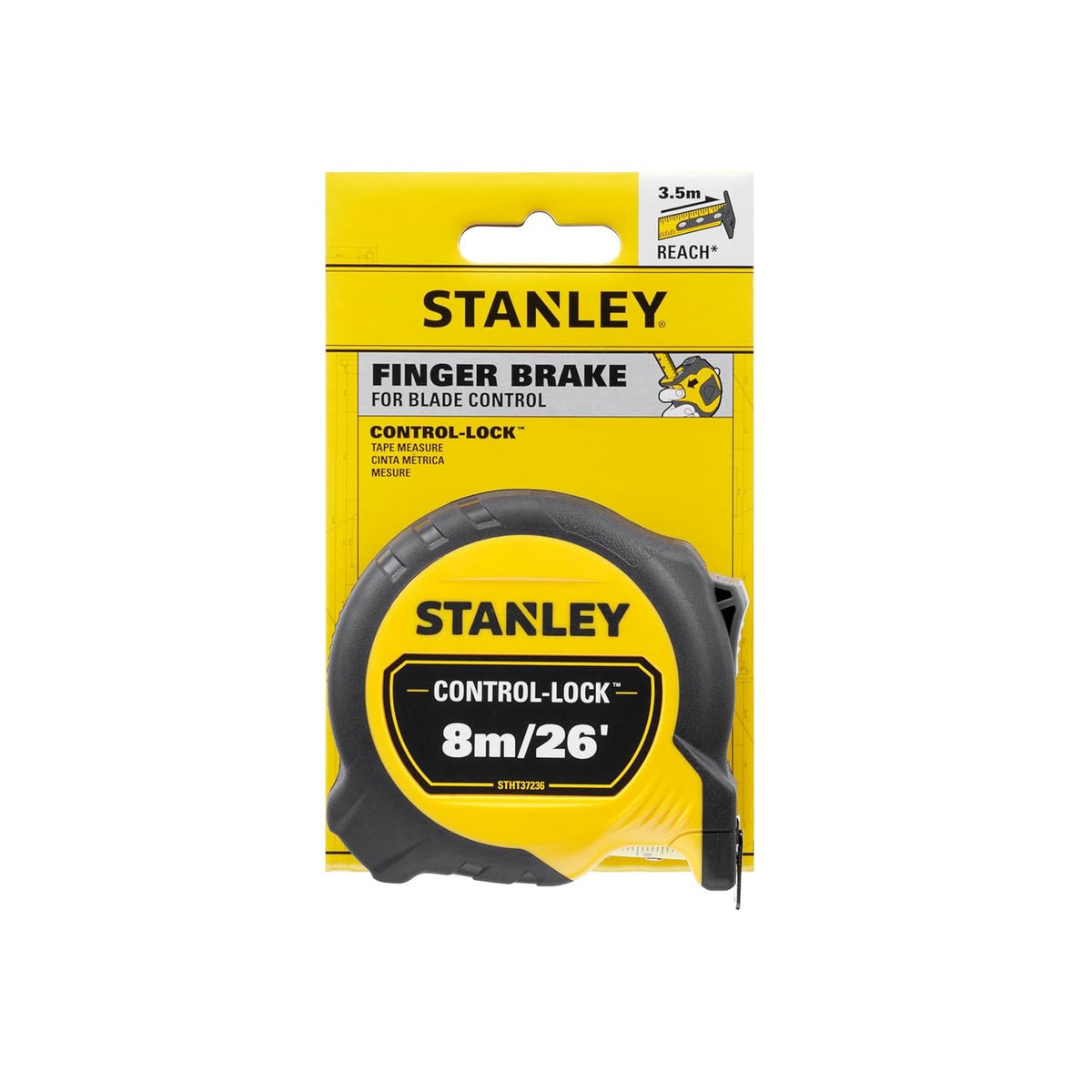 Stanley Control - Lock Tape Measure Black and Yellow 8Mtr-26Ft STHT37236-5 | Finger Brake for Blade Control
