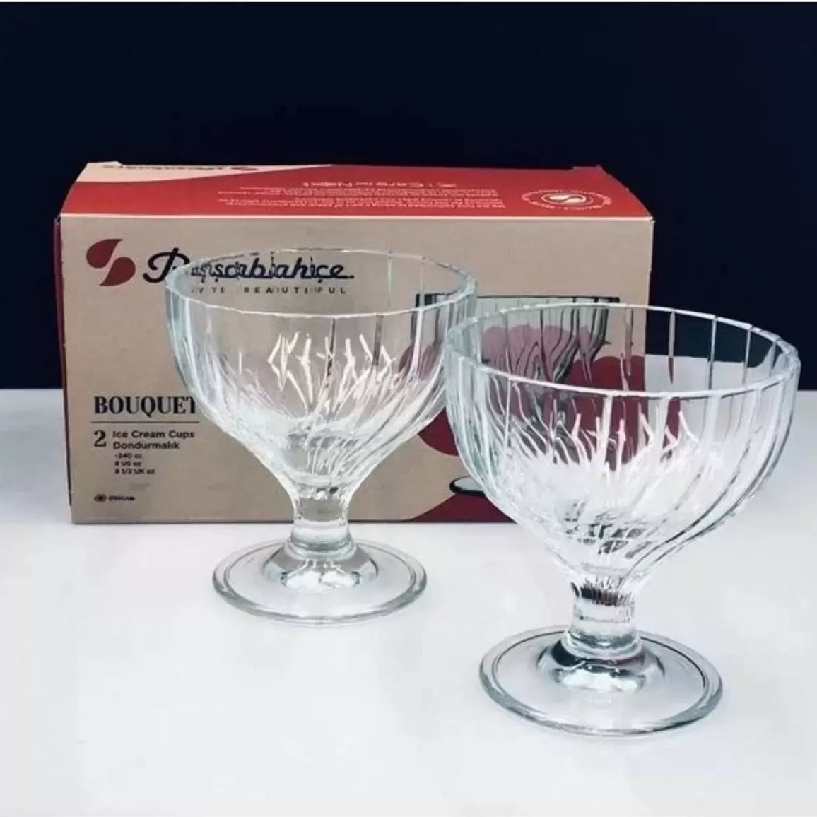 Pasabahce Bouquet Glass Ice Cream Cups Clear Pack of 2 240ml 51819 | Bowls for Sundaes-Puddings and Fruits | Durable and Reusable