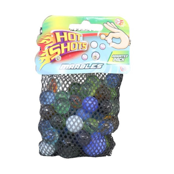 HTI Hot Shots Marbles Assorted Colours TP225 | Assorted pack | Glass Marbles in Net Bag | Colourful Marbles for Kids Aged 3 Plus | Retro Game Toy Set | For Indoor and Outdoor Use