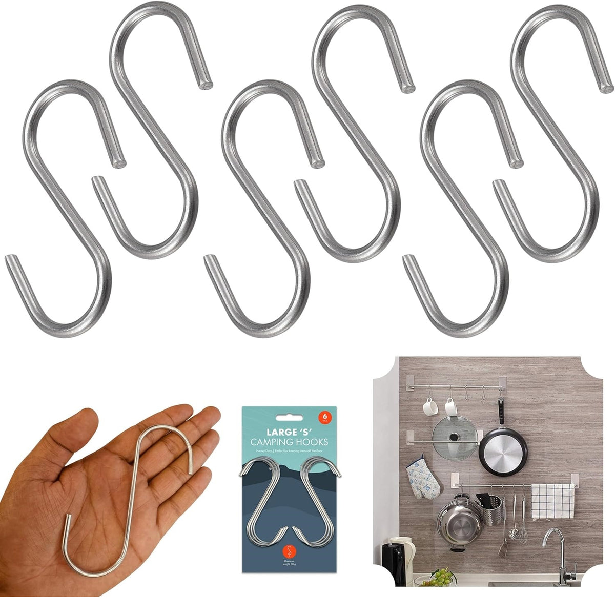 ProCamp Large Heavy Duty S Camping Steel Hooks Silver Pack of 6 CAM7995 | For Hanging Gear | Max Load 10Kg | Ideal for Outdoor Camping-Hiking and Storage Organization | Perfect for Keeping Items off the Floor