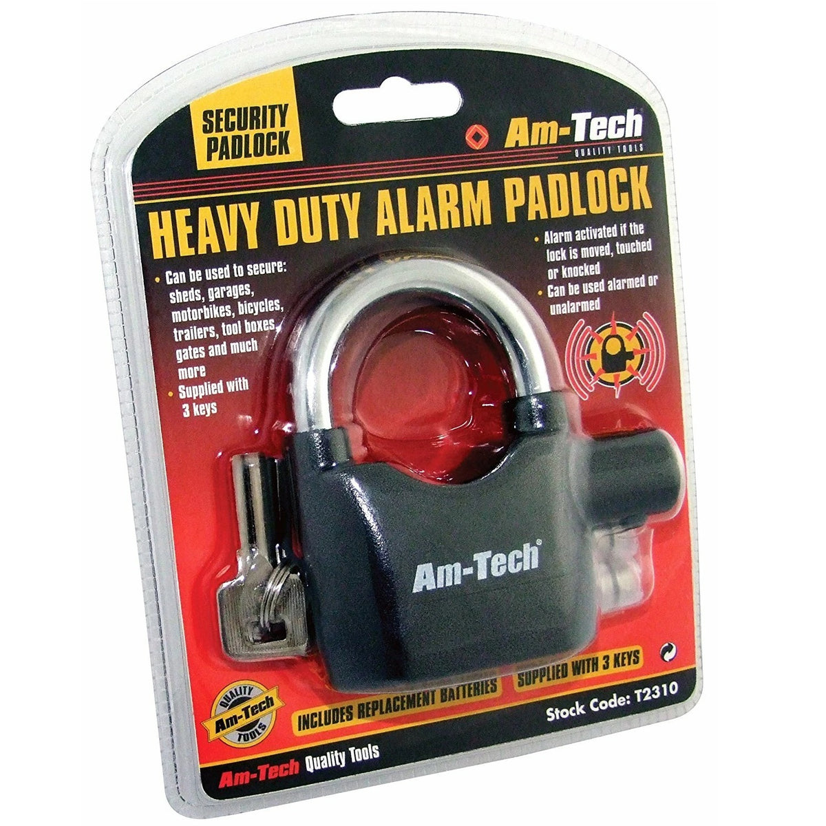 Amtech Heavy Duty Alarm Padlock Black 65mm T2310 | Supplied with 3 Keys