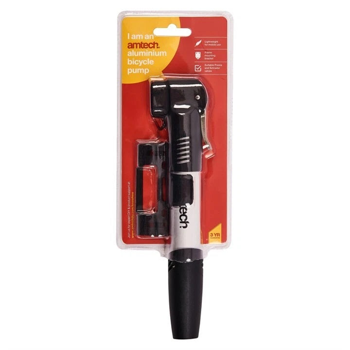 Amtech Lightweight Aluminium Hand Bicycle Air Pump Black and Silver S1805