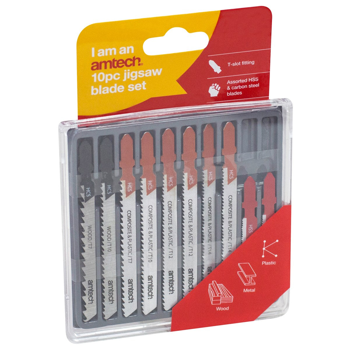 Amtech Jigsaw Blade Set Multicolour Pack of 10 M1850 | T-Slot Fitting | Assorted HSS and Carbon Steel Blades | Suitable for Wood-Metal and Plastic