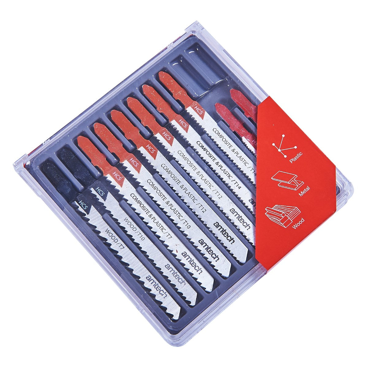 Amtech Jigsaw Blade Set Multicolour Pack of 10 M1850 | T-Slot Fitting | Assorted HSS and Carbon Steel Blades | Suitable for Wood-Metal and Plastic