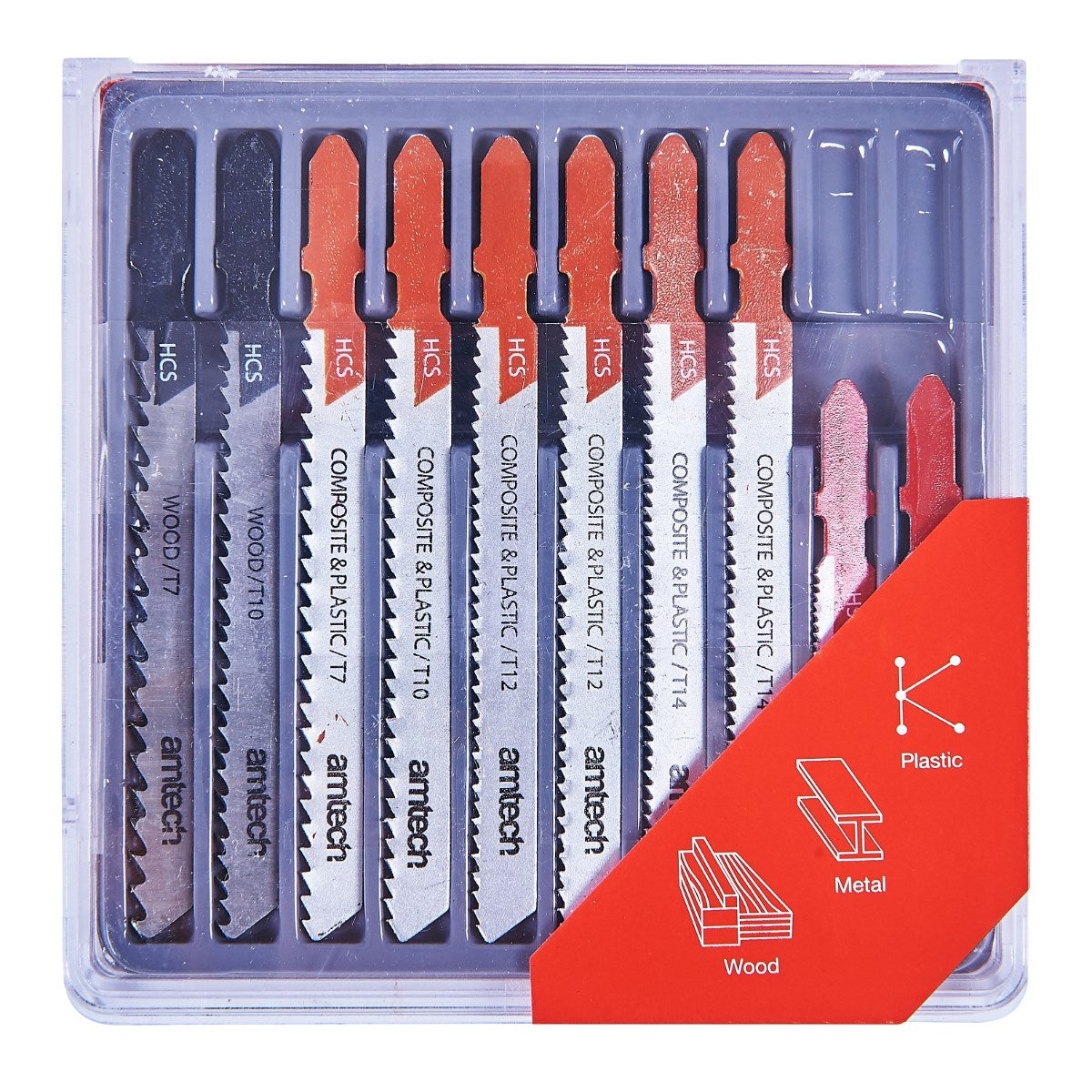 Amtech Jigsaw Blade Set Multicolour Pack of 10 M1850 | T-Slot Fitting | Assorted HSS and Carbon Steel Blades | Suitable for Wood-Metal and Plastic