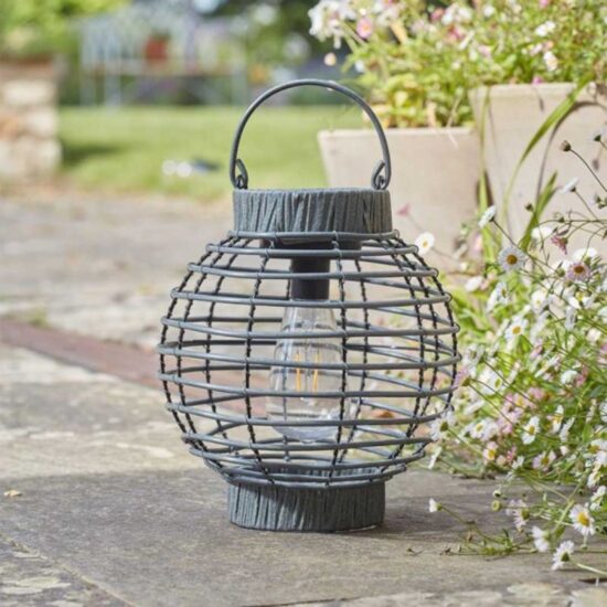 Smart Solar 5 Lumen Solar Powered Faux Rattan Terra Lantern Slate 1080173 | Stylish Faux Rattan Casts Decorative Silhouette Effect | Automatically Illuminates at Dusk | Can be Used as a Tabletop or Hanging Lantern