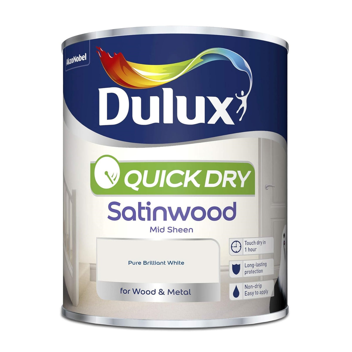Dulux Quick Dry Satinwood Mid Sheen Finish Paint Pure Brilliant White 750ml | For Wood and Metal | Non-Drip | Long-lasting Protection | Touch Dry in 1Hr