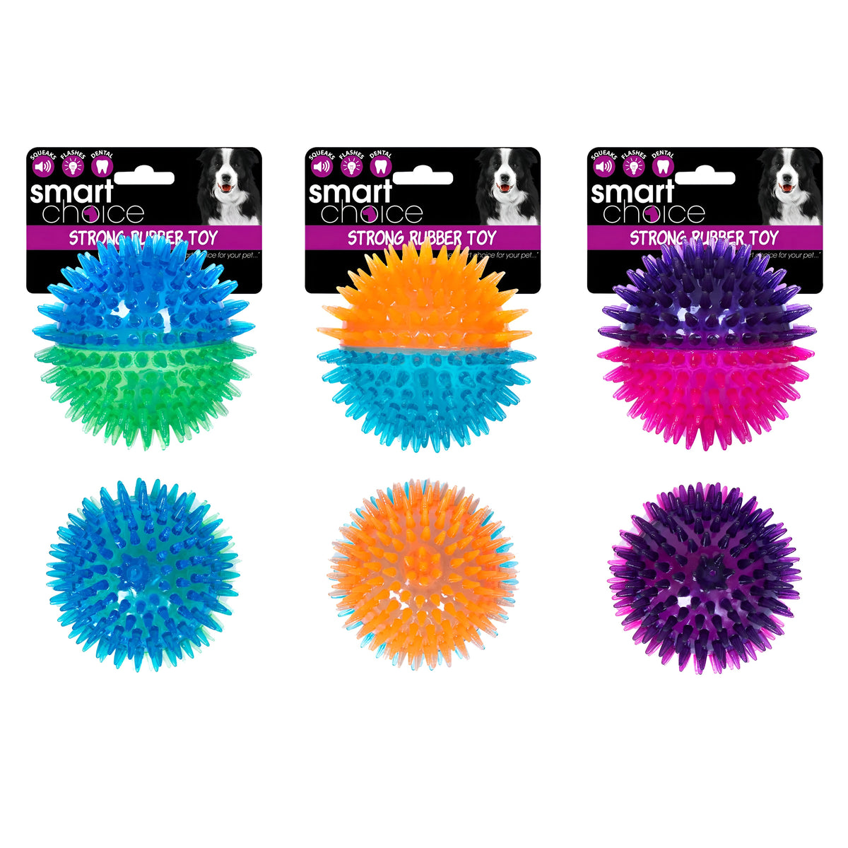 RSW Smart Choice Flashing Rubber Ball with Squeaker Assorted Colours 8cm Pack of 1 SC163 | Lightweight and Robust Rubber | Fun Squeaker and Flash to Encourage Play | Helps to Maintain Dental Hygiene | Great for Games of Throw and Fetch