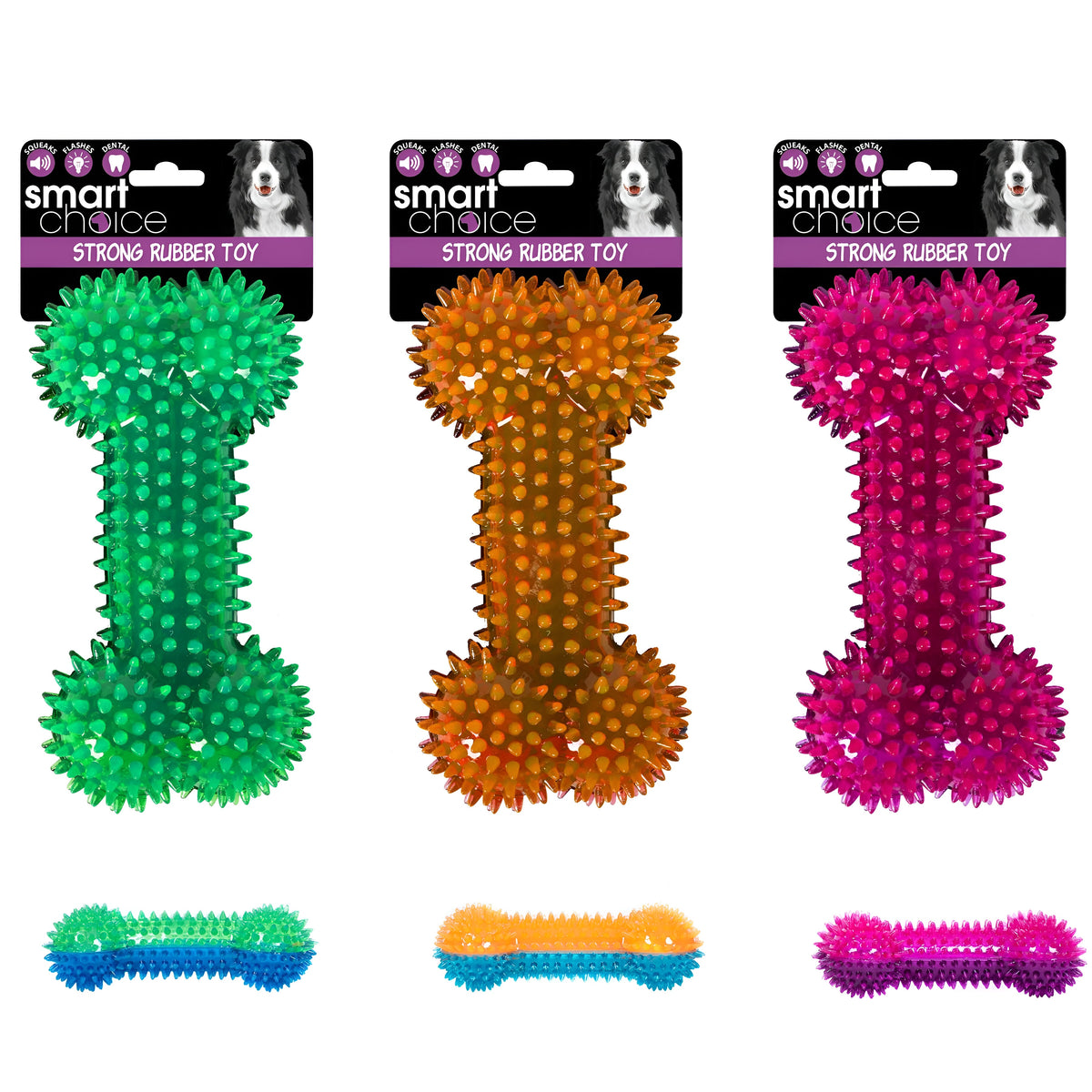 RSW Smart Choice Flashing Rubber Bone Toy with Squeaker Assorted Colours 16cm Pack of 1 SC161 | Lightweight and Robust Rubber | Fun Squeaker and Flash to Encourage Play | Helps Maintain Dental Hygiene | Great for Games of Throw and Fetch