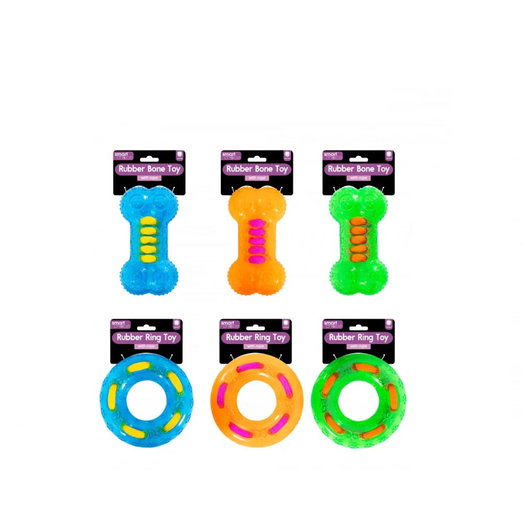 Smart Choice Rubber Ring Dog Toys with Rope Assorted Colours Pack of 1 SC058 | Durable and Bone Design | Helps to Maintain Dental Hygiene | Pet Toy for Small to Medium Dogs | Lightweight and Robust Rubber | Great for Games of Throw and Fetch