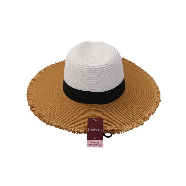 RJM Foxbury Ladies Fedora Hat White and Brown Medium-Large GL673 | Summer Sun Hat | Stylish Beach or Holiday Accessory