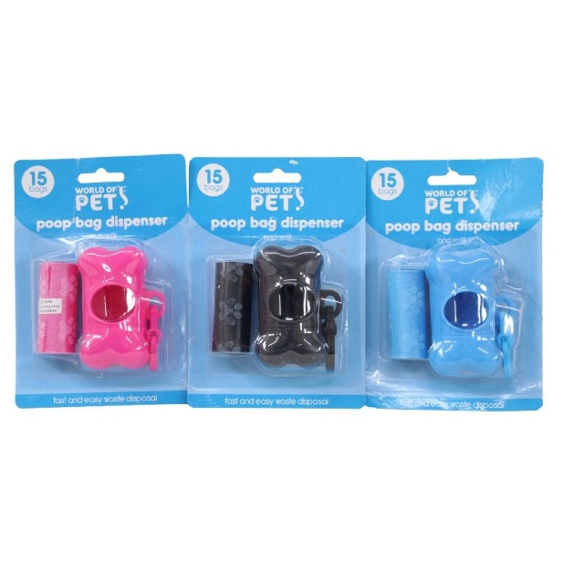 World of Pets Poop Bag Dispenser Assorted Colours Pack of 15 WP378 | Portable Dog Waste Bag Holder with Clip | Refillable | Fast and Easy Waste Disposal