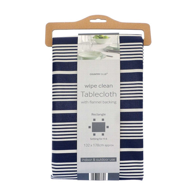 Country Club Rectangle PEVA Nautical Stripe Wipe Clean Tablecloth with Flannel Backing Blue and White 132cm x 178cm TAB237324 | Indoor and Outdoor Use | Fits 4–6 Seater Tables