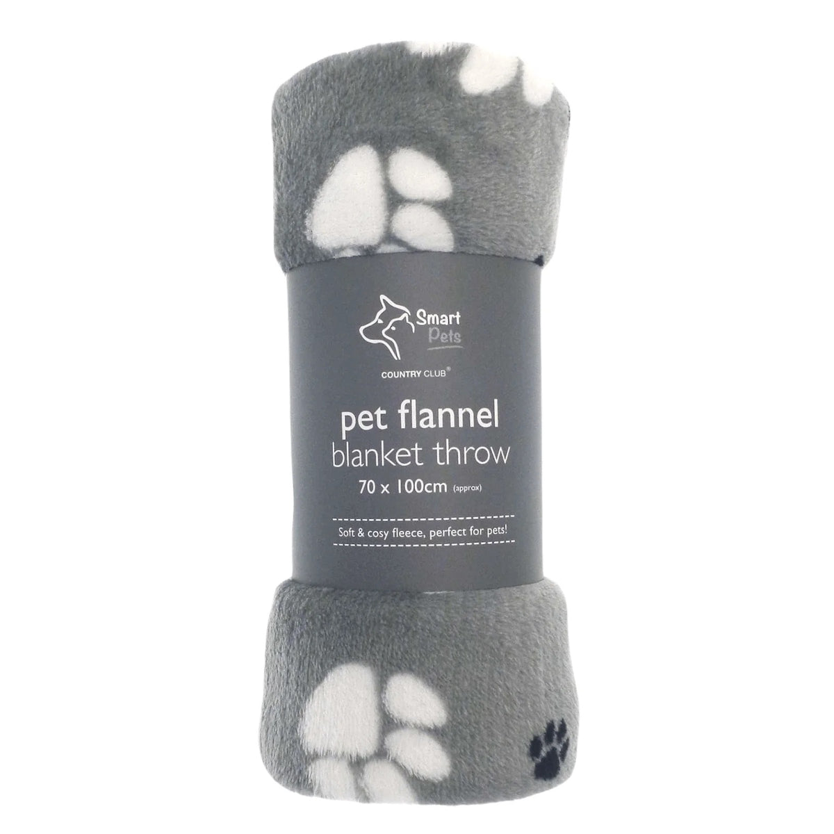 Country Club Smart Pets Flannel Dog Blanket Grey 70cm x 100cm PET235627 | Soft Cosy Fleece Pet Blanket | Paw Print Design | Ideal for Dogs-Cats and Small Animals