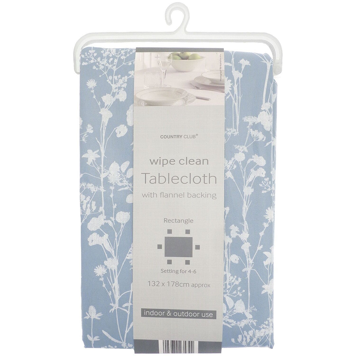 Country Club Rectangle PEVA Ditsy Floral Wipe Clean Tablecloth with Flannel Backing Grey and White 132cm x 178cm TAB235351 | Indoor and Outdoor Use | Fits 4–6 Seater Tables