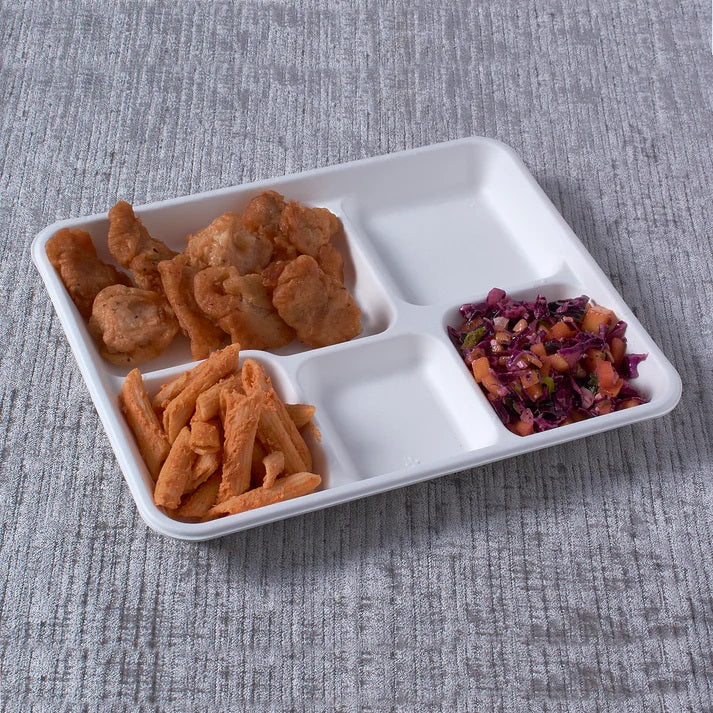 Dura Bagasse 5 Compartment Tray White 260mm x 210mm x 25mm Pack of 25 DA018 | Durable Leak and Cut Resistant | 100 Percent Compostable | Microwave and Freezer Safe | Premium Strength