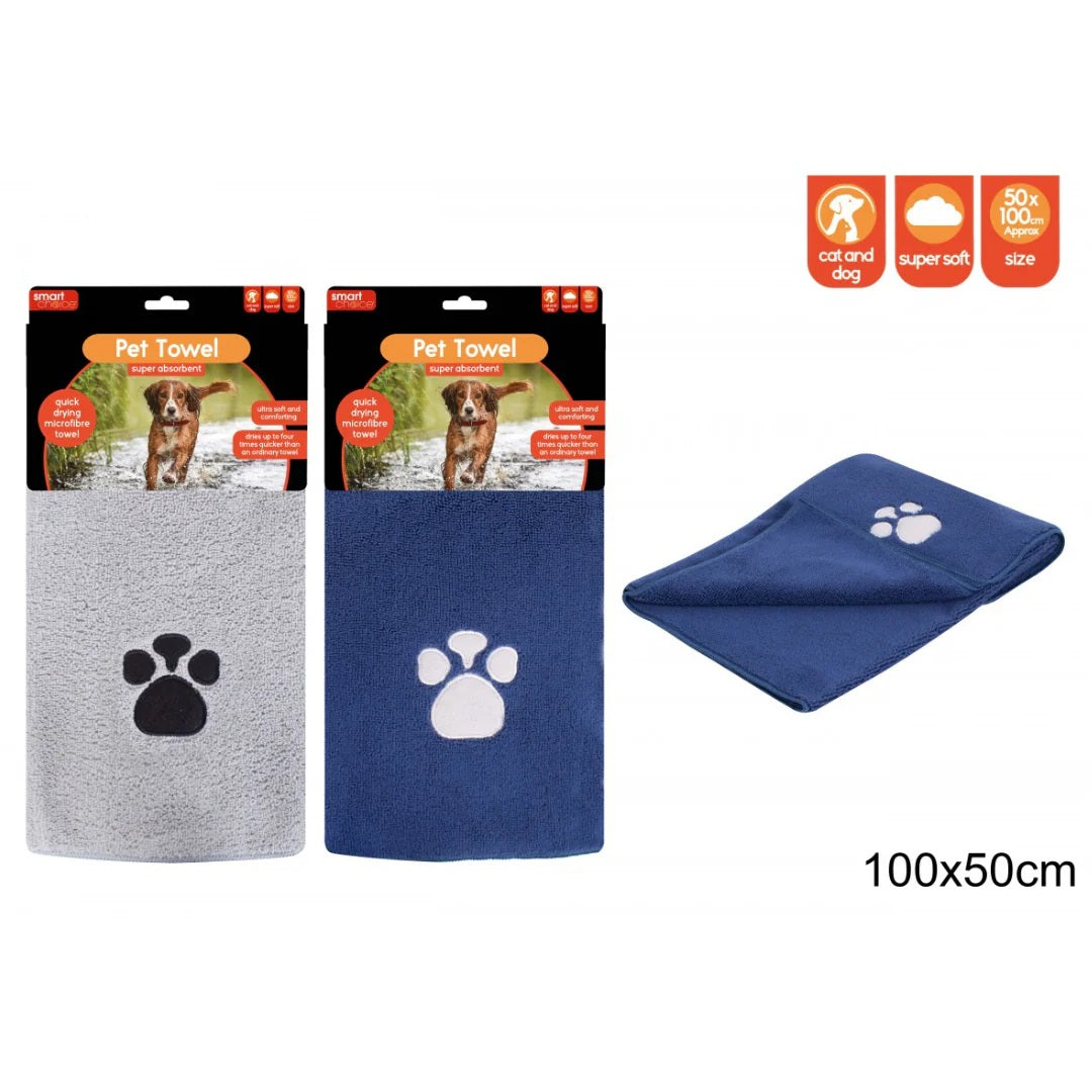 Smart Choice Quick Drying Microfibre Pet Towel Assorted Colours 100cm x 50cm Pack of 1 SC1578 | For Dogs and Cats | Embroidered Paw Design | Ultra Soft and Comforting