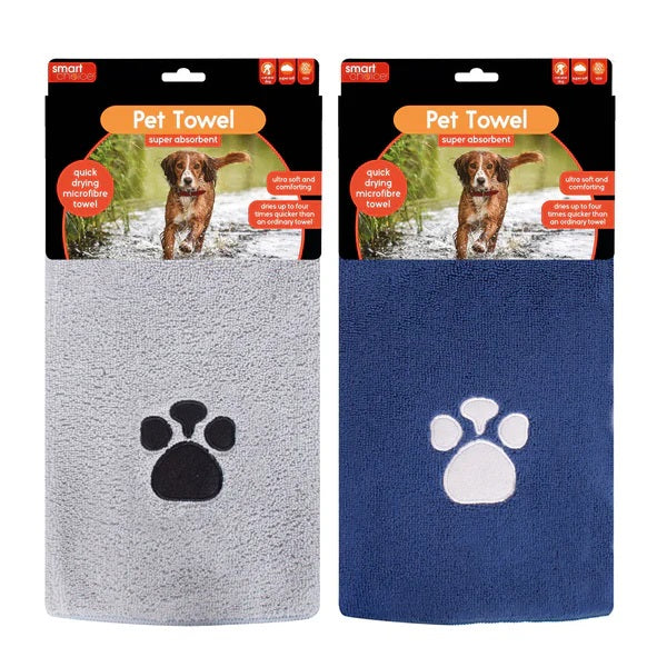 Smart Choice Quick Drying Microfibre Pet Towel Assorted Colours 100cm x 50cm Pack of 1 SC1578 | For Dogs and Cats | Embroidered Paw Design | Ultra Soft and Comforting