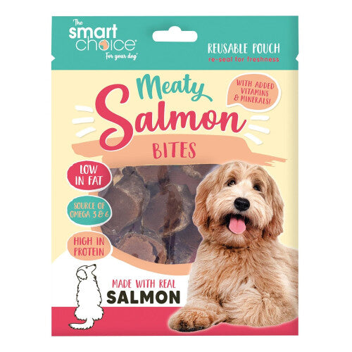 Smart Choice Meaty Salmon Skin Bites for Dogs Brown Pack of 16 100g SC1489 | Made with Real Salmon | Low Fat | High Protein | Omega 3 and 6 | Resealable Pouch | With Added Vitamins and Minerals | With Essential Fatty Acids and Antioxidants | Helps to Maintain Healthy Coat and Joints