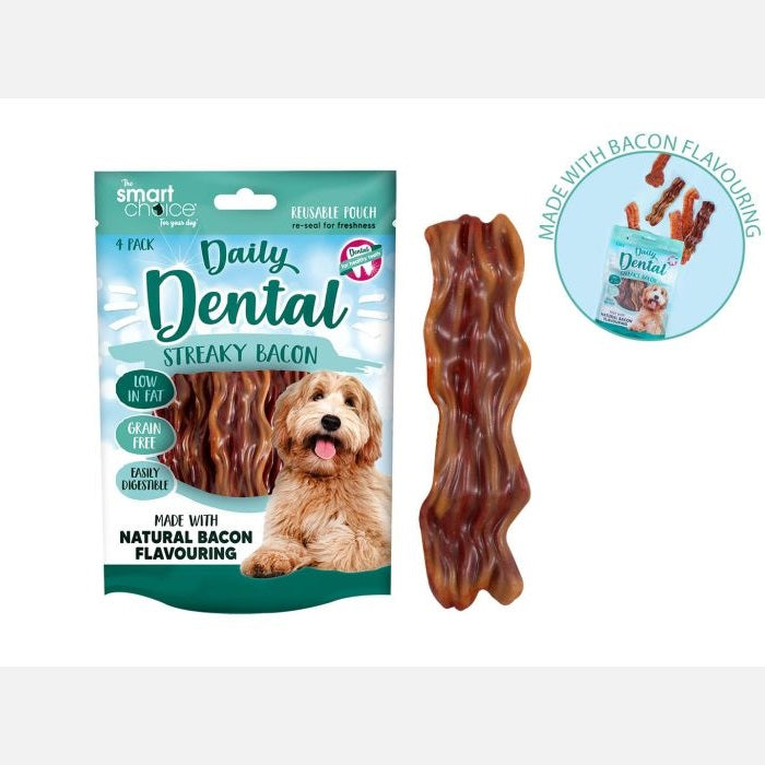 Smart Choice Daily Dental Streaky Bacon for Dogs Brown 11cm x 3cm Pack of 4 92g SC1574 | With Natural Bacon Flavouring | Resealable Pouch | No Artificial Colourants | Low Fat | Grain Free | Contains Calcium | Helps to Maintain Healthy Coat and Joints