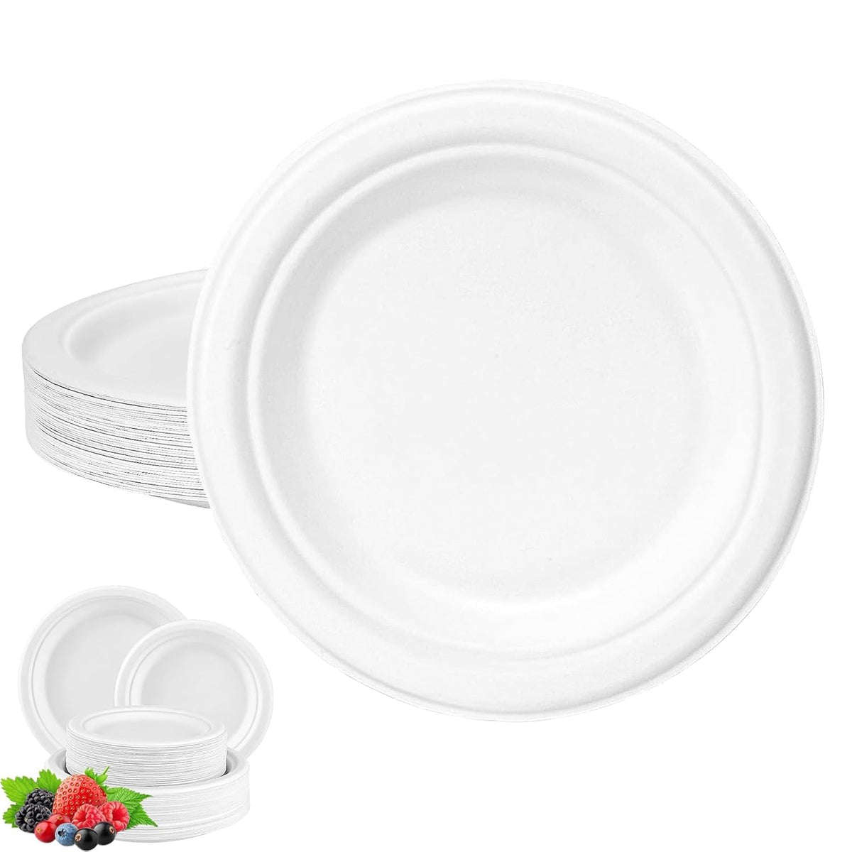 Dura Kitchen Accessories Bagasse Plates White 7-Inch Pack of 15 DA007 | Durable | Leak and Cut Resistant | 100 Percent Compostable and Biodegradable | Microwave and Freezer Safe | Premium Strength