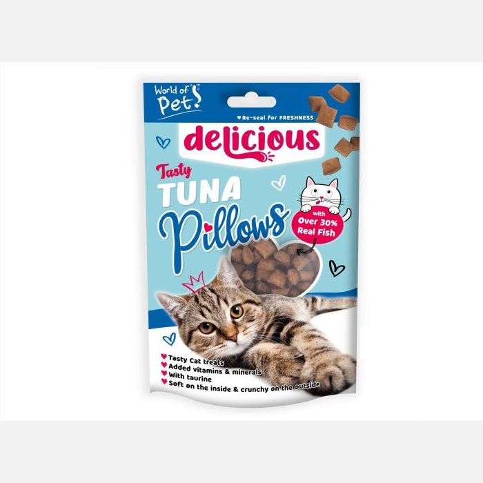 World of Pets Tasty Tuna Pillows for Cat Brown 80g WP1384 | Made with Over 30 Percent Real Fish | Resealable Pouch | Tasty Cat Treats | Added Vitamins and Minerals | With Taurine | Soft and Crunchy